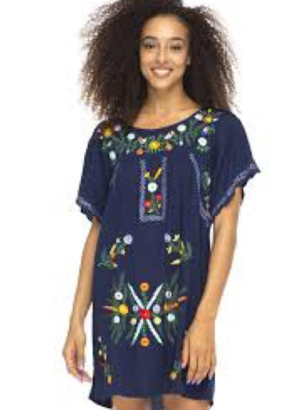 Back From Bali Navy Floral Colorful Embroidered Peasant Tunic Dress S/M Flaw